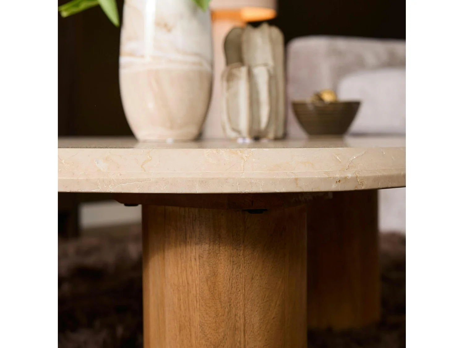 Table basse travertin bois design organique DUOMO