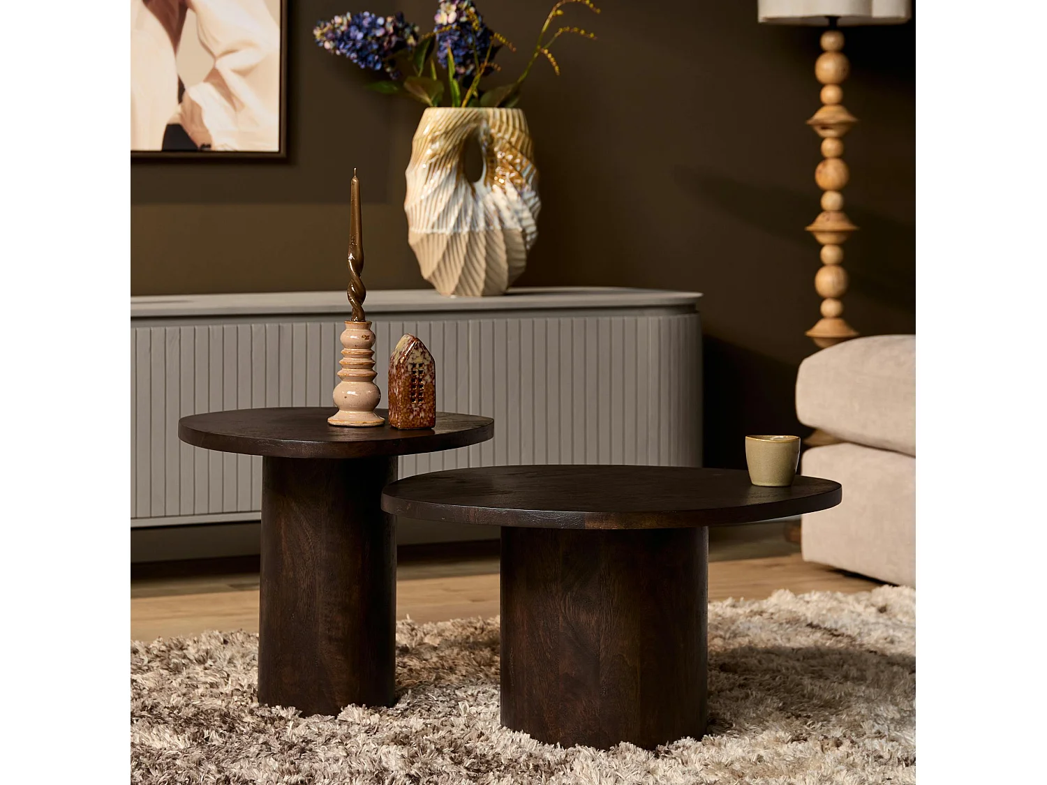 Table basse design organique en bois foncé (lot de 2) ALMA