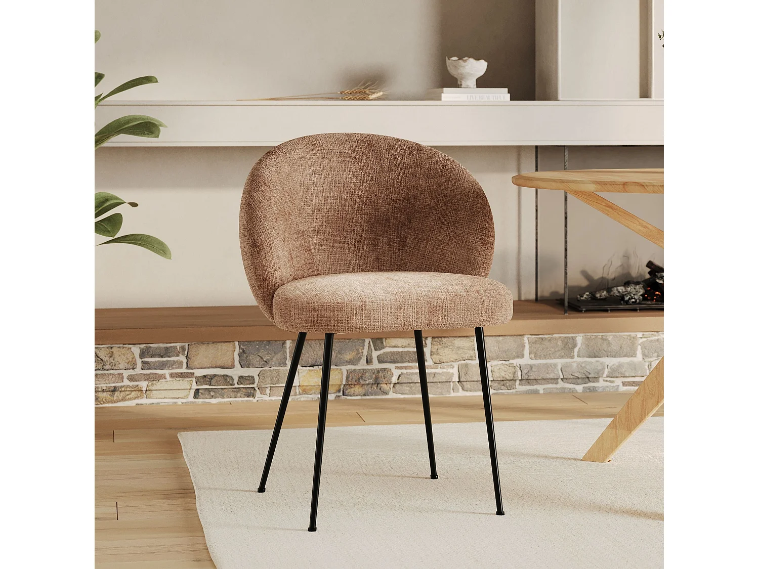 Sedia in velluto chenille marrone glacé e metallo nero - Bloomy