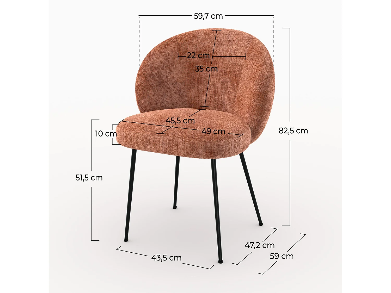 Sedia in velluto chenillé terracotta e metallo nero - Bloomy