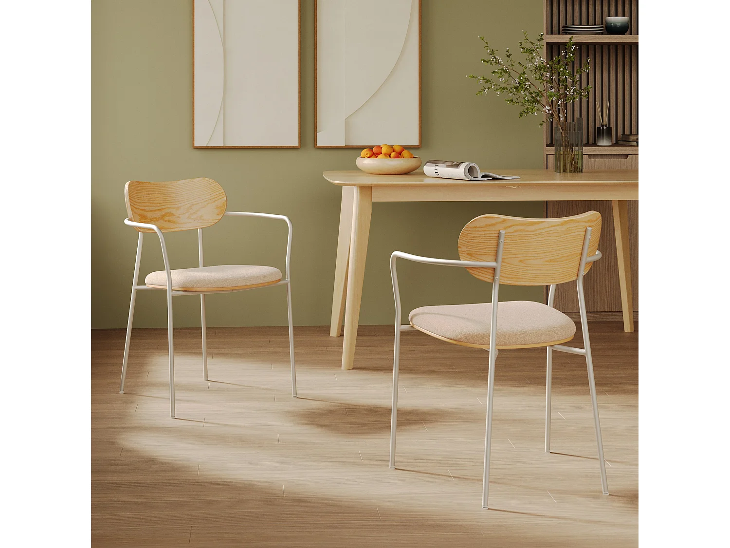 Lot de 2 chaises en tissu beige et placage en bois clair - Marine