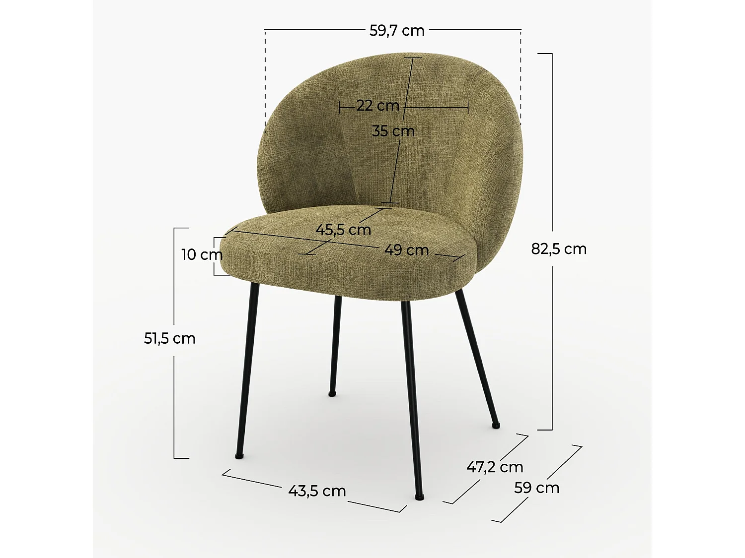 Chaise en velours chenillé vert olive et métal noir - Bloomy