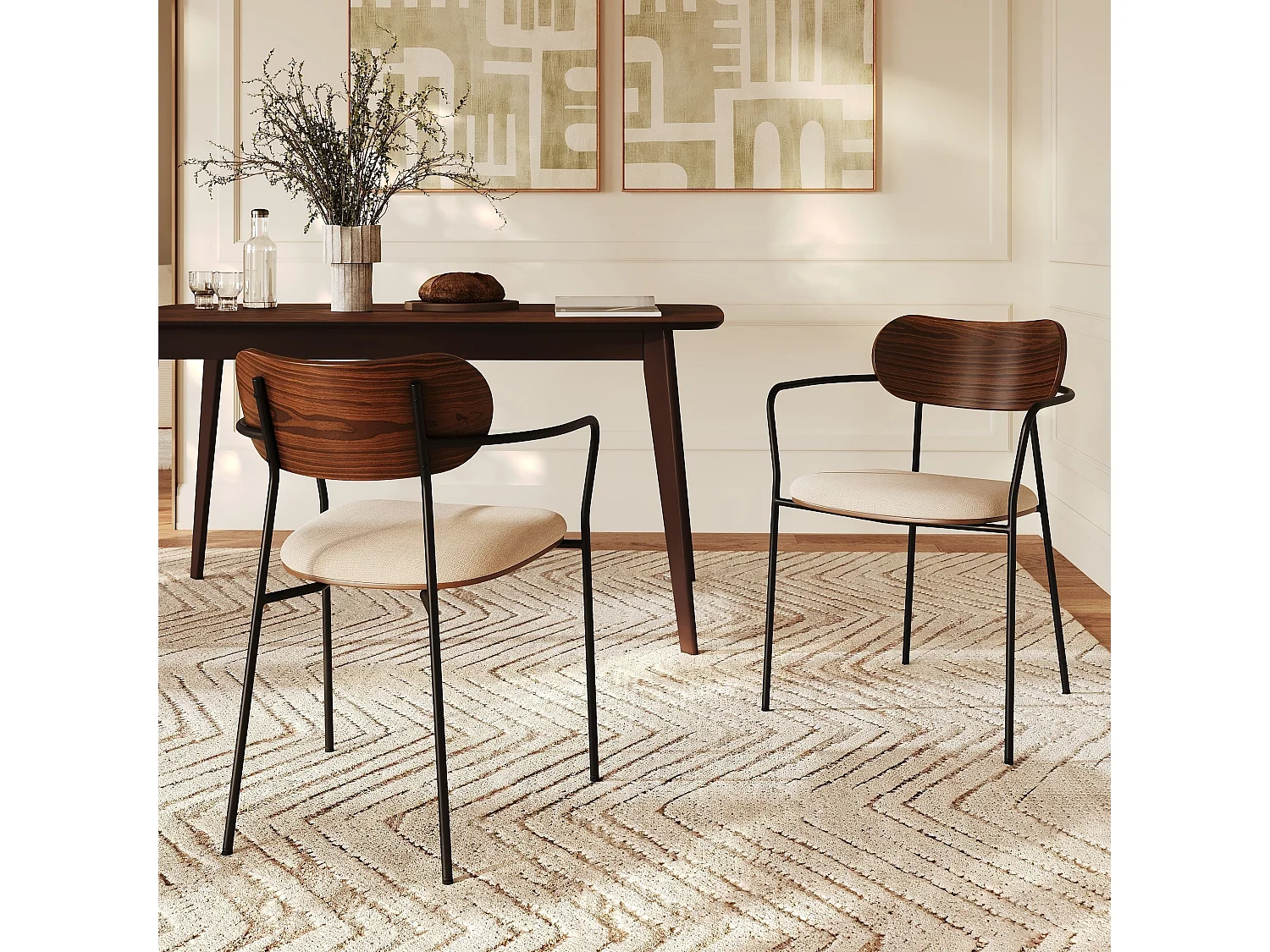 Lot de 2 chaises en tissu beige et placage en bois foncé - Marine