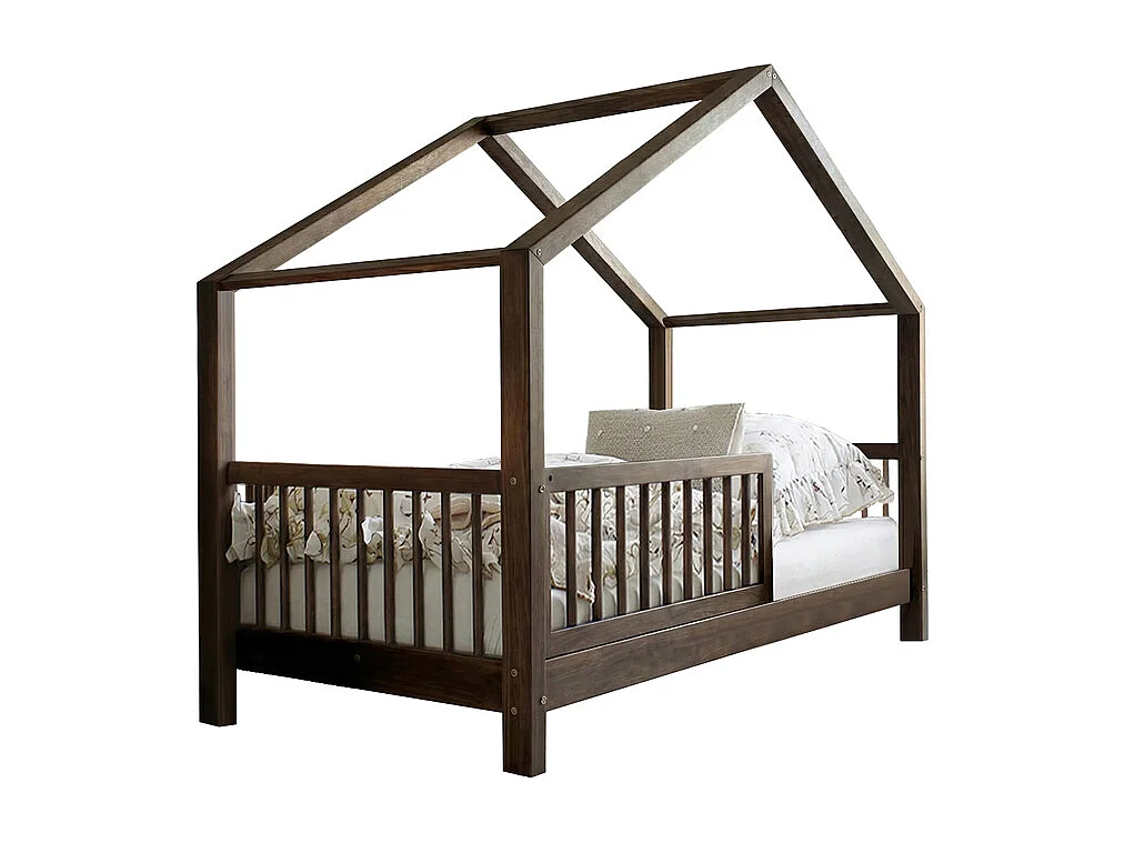 Lit cabane 90x200 barrière et sommier inclus pieds 10 cm Rosalie Bois foncé