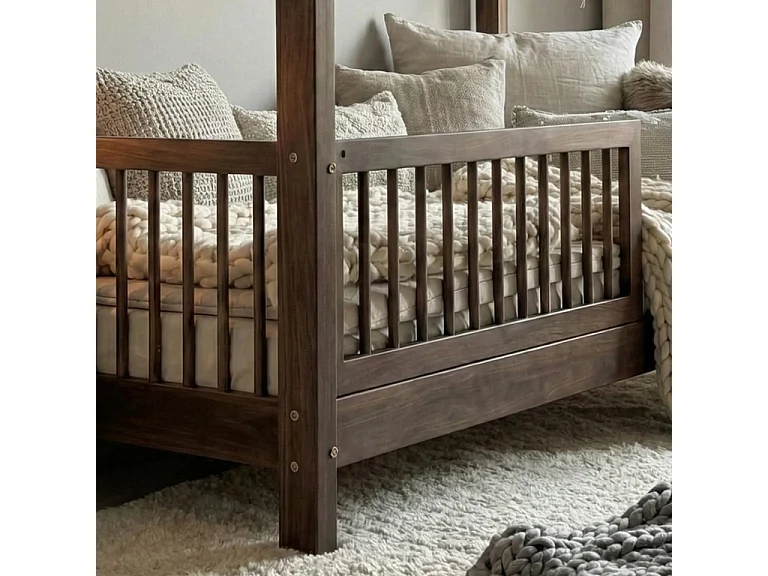 Lit cabane 90x200 barrière et sommier inclus pieds 10 cm Rosalie Bois foncé