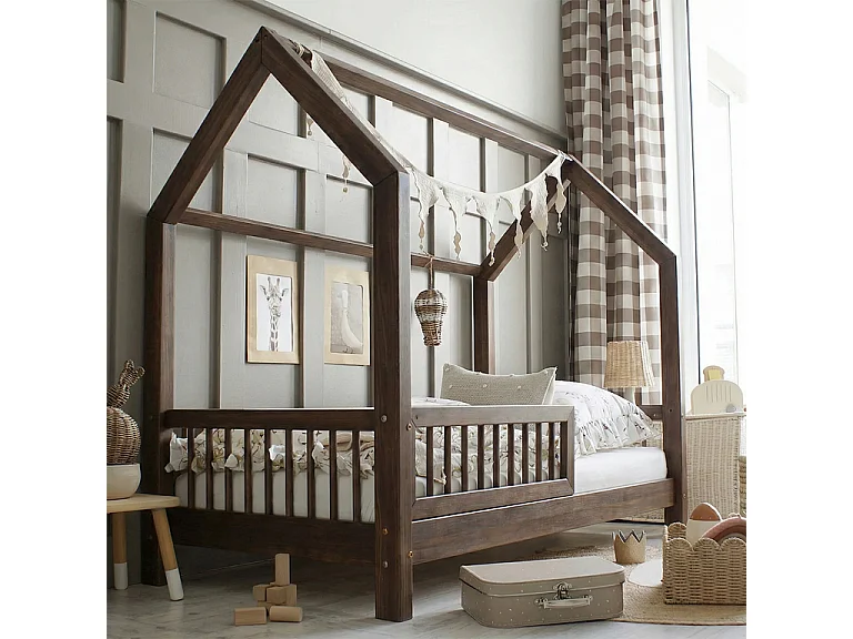 Lit cabane 90x200 barrière et sommier inclus pieds 10 cm Sofia Bois foncé