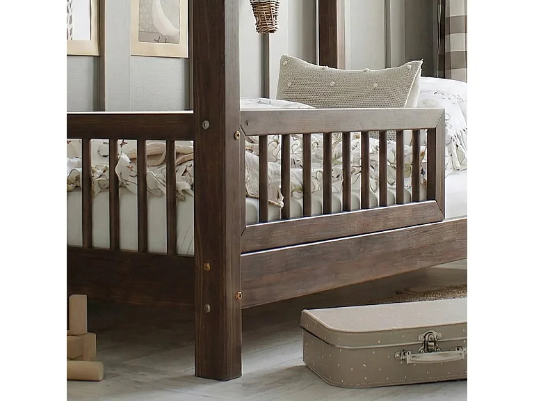 Lit cabane 90x200 barrière et sommier inclus pieds 10 cm Sofia Bois foncé