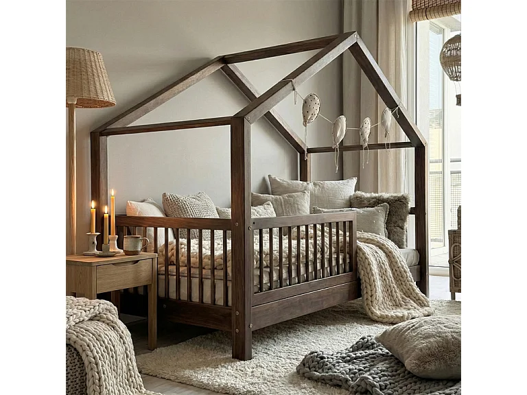 Lit cabane 90x190 barrière et sommier inclus pieds 10 cm Rosalie Bois foncé