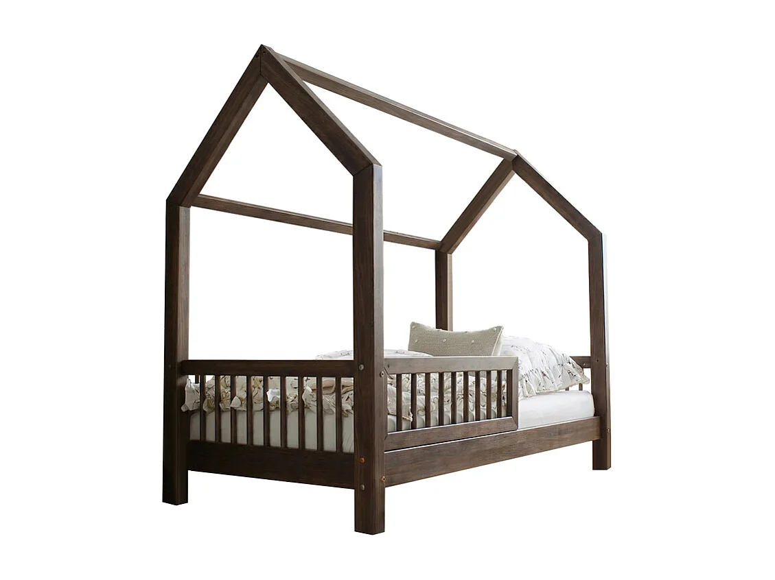 Lit cabane 90x190 barrière et sommier inclus pieds 10 cm Sofia Bois foncé