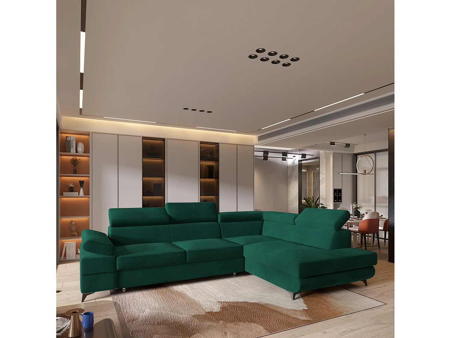 Hoekbank FAVIEN van fluweel met slaapfunctie Grün