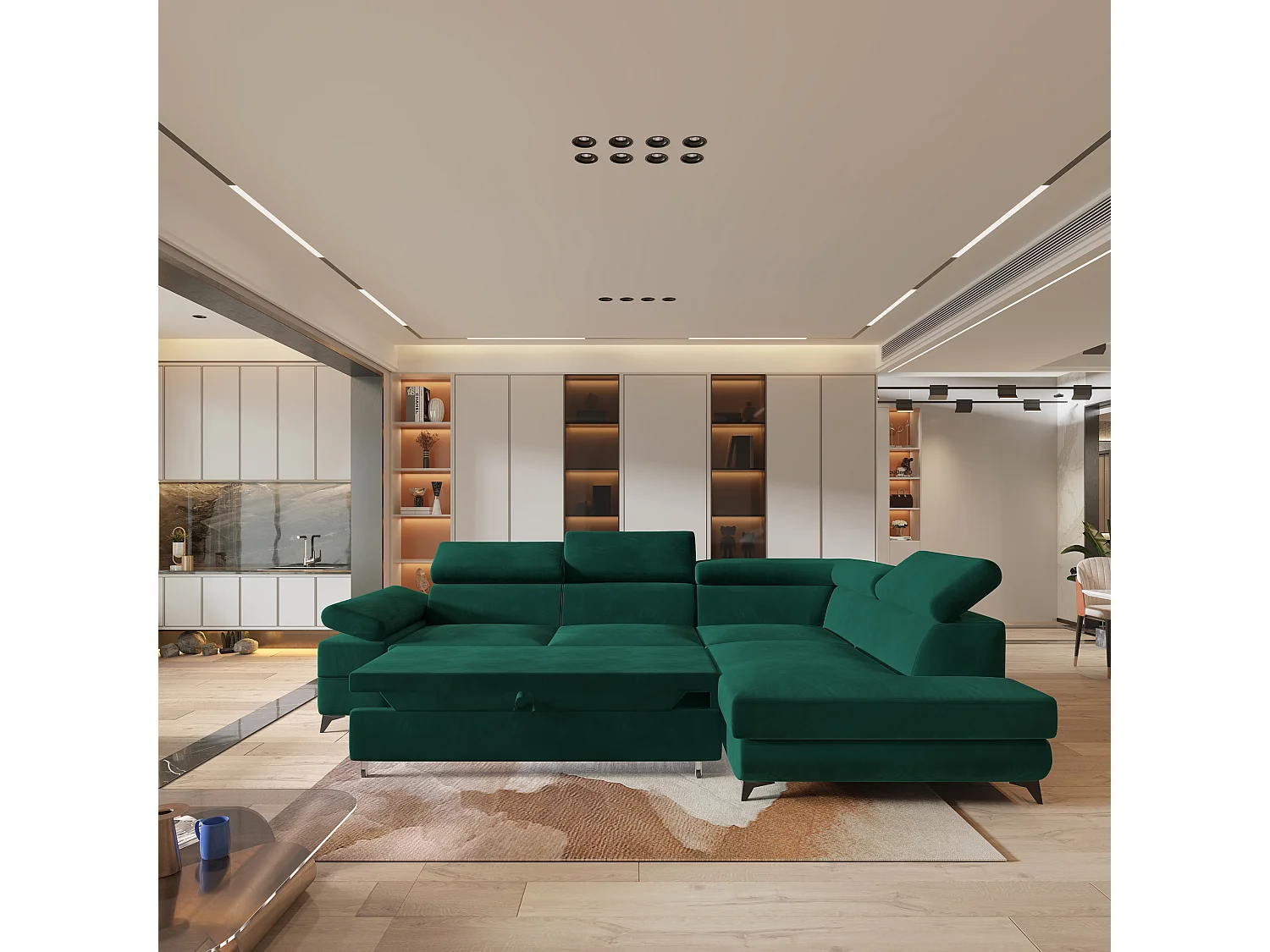 Hoekbank FAVIEN van fluweel met slaapfunctie Grün