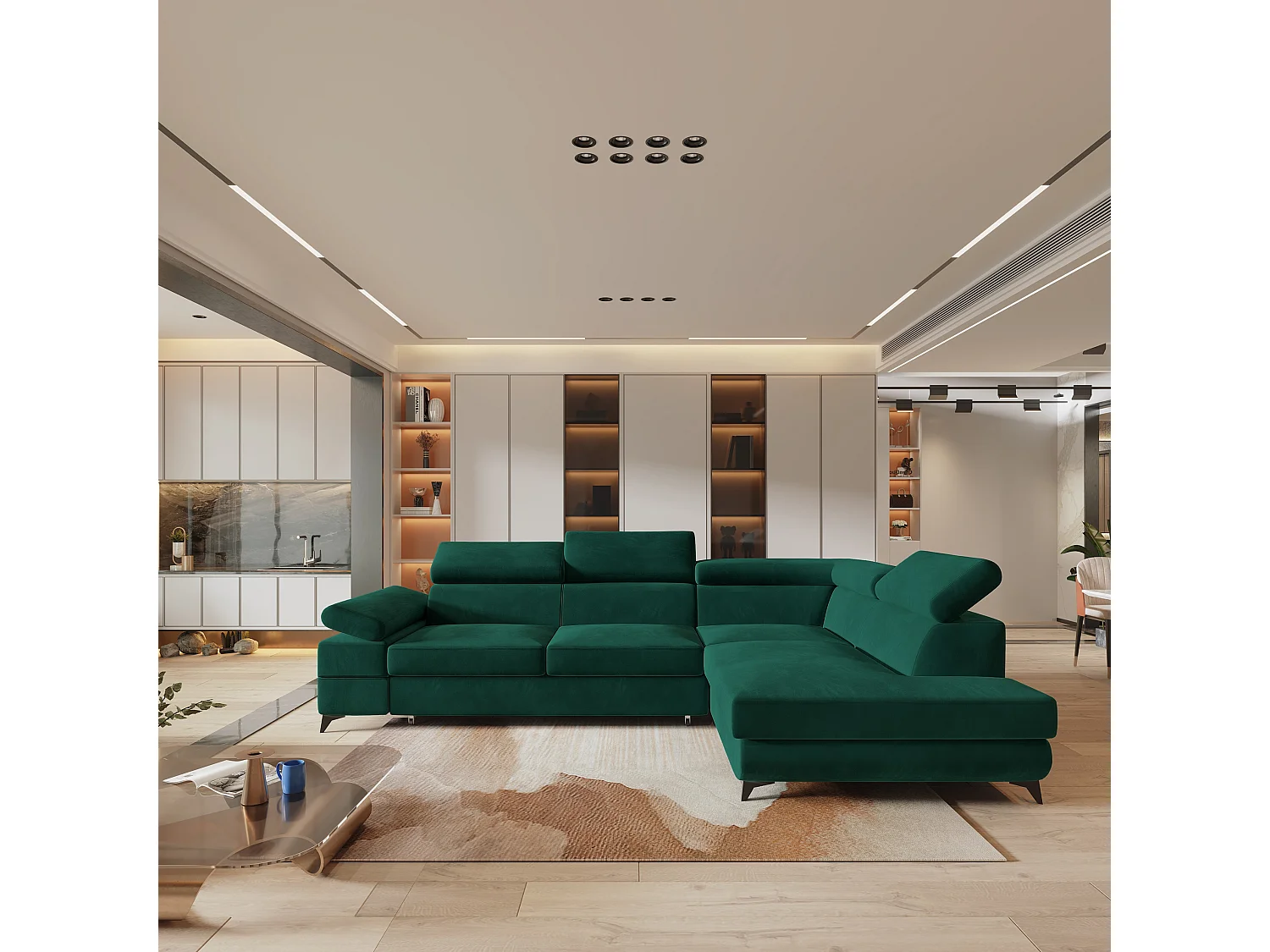 Hoekbank FAVIEN van fluweel met slaapfunctie Grün