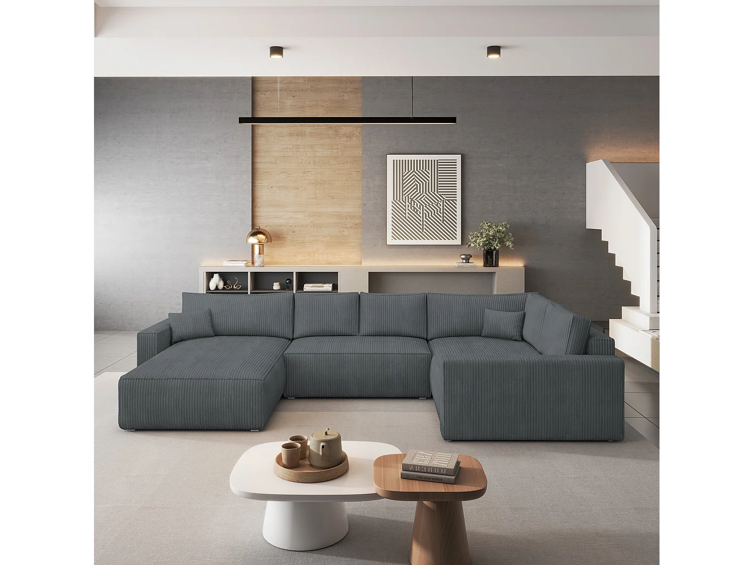 Hoekbank VELAMI van fluweel met slaapfunctie Grau