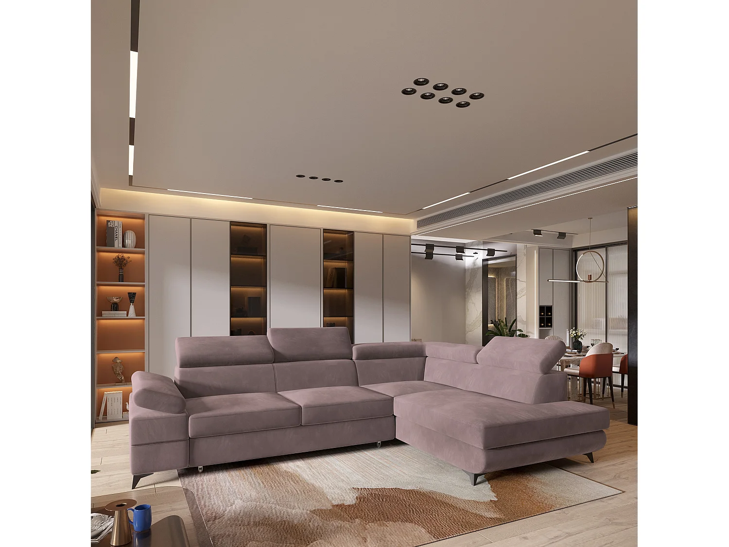 Hoekbank FAVIEN van fluweel met slaapfunctie Lila