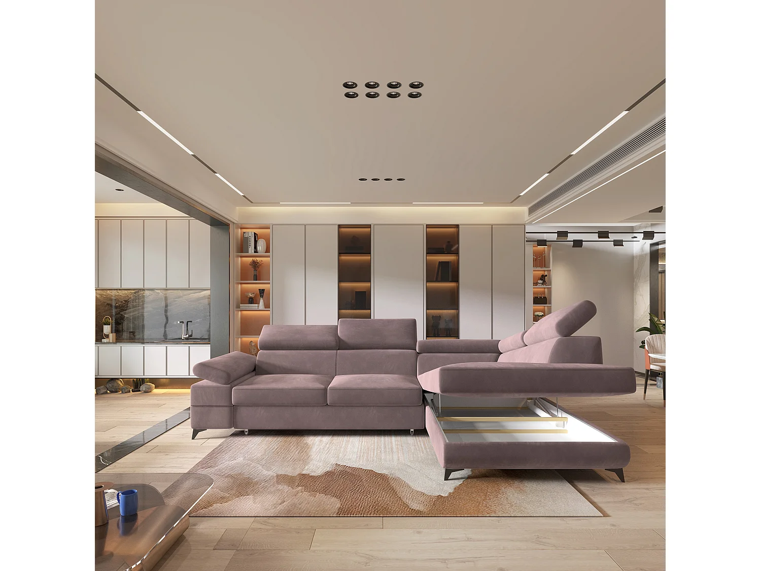 Hoekbank FAVIEN van fluweel met slaapfunctie Lila