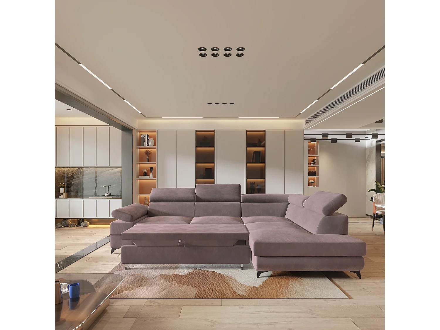 Hoekbank FAVIEN van fluweel met slaapfunctie Lila