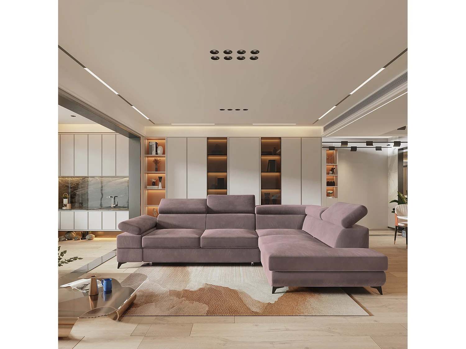 Hoekbank FAVIEN van fluweel met slaapfunctie Lila