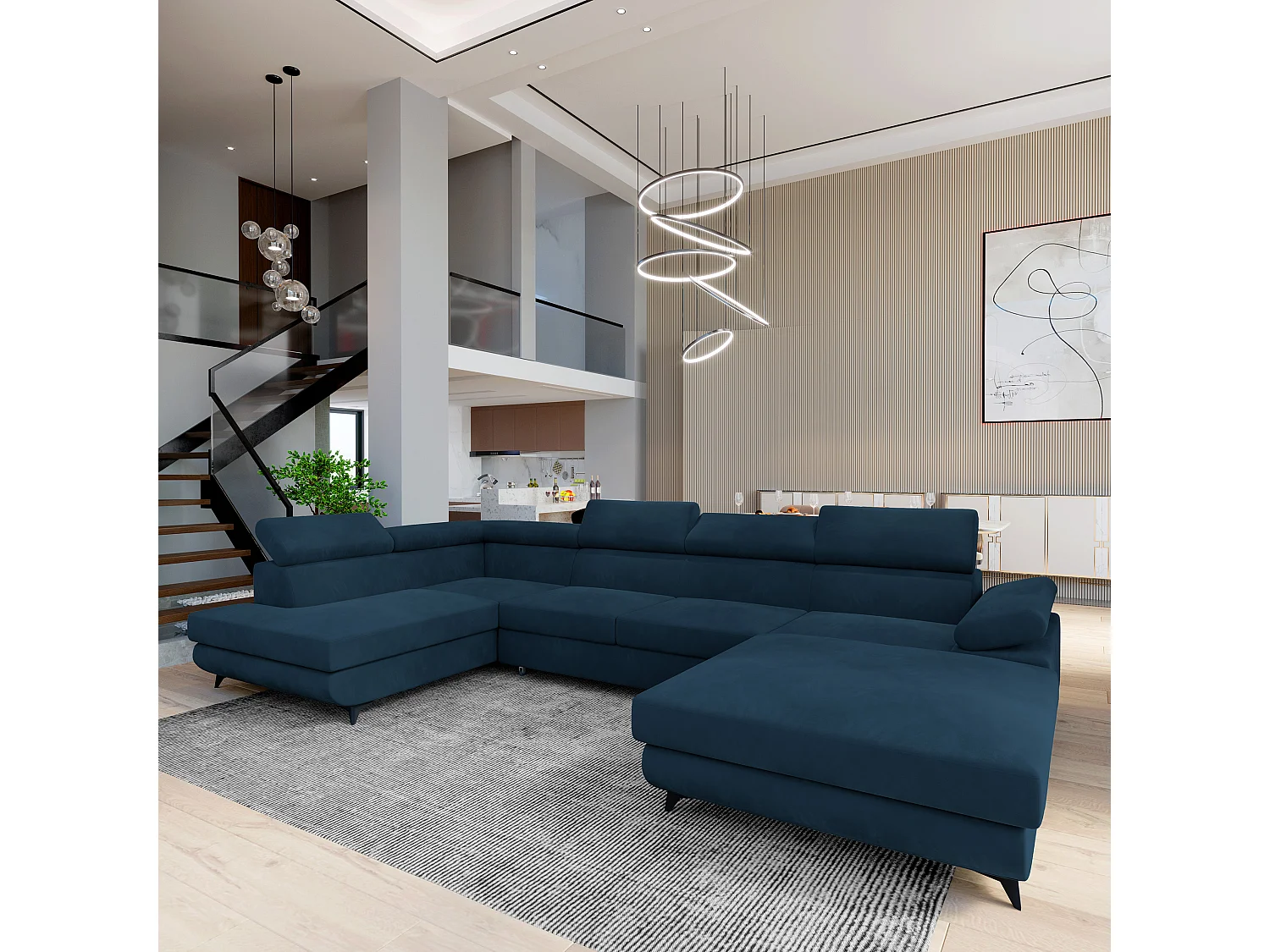 Hoekbank RUBANO van fluweel met slaapfunctie Blau