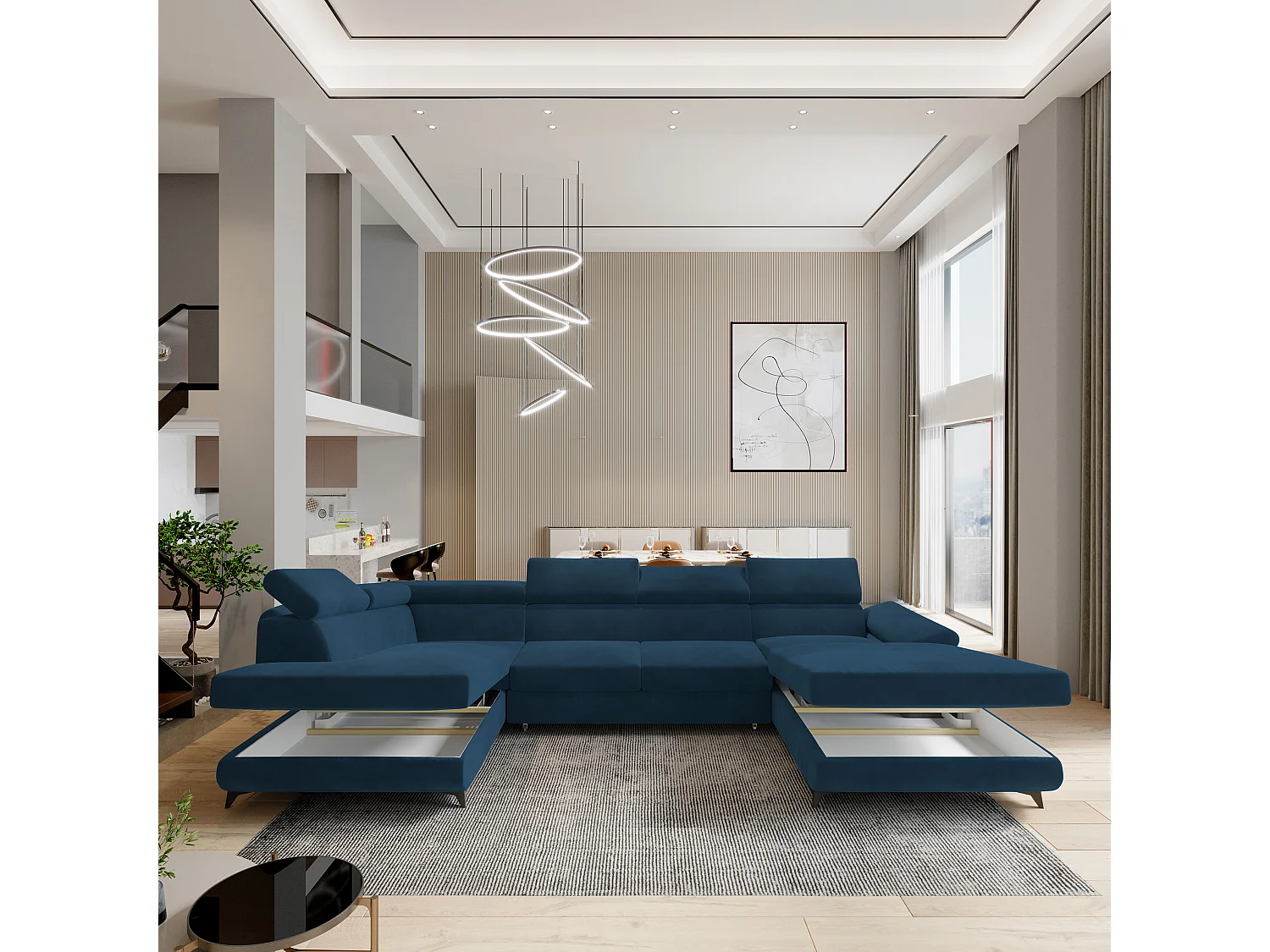 Hoekbank RUBANO van fluweel met slaapfunctie Blau