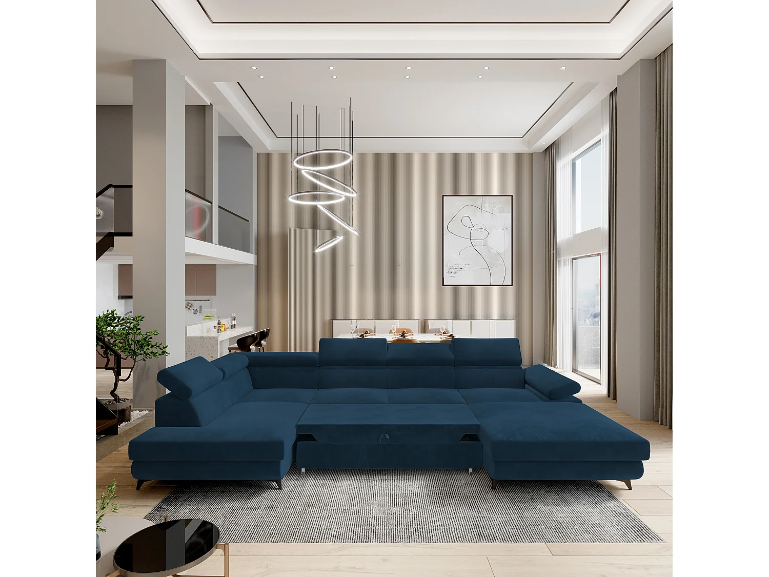 Hoekbank RUBANO van fluweel met slaapfunctie Blau