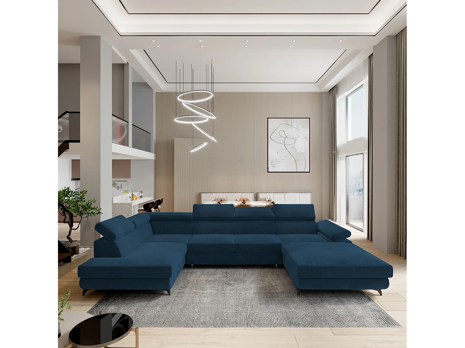 Hoekbank RUBANO van fluweel met slaapfunctie Blau