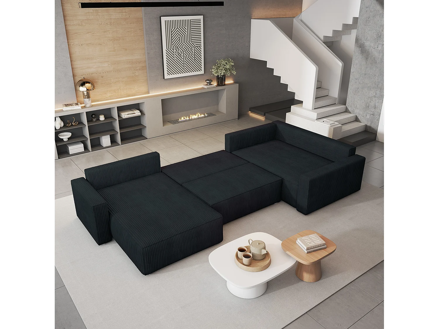 Hoekbank VELAMI van fluweel met slaapfunctie Schwarz