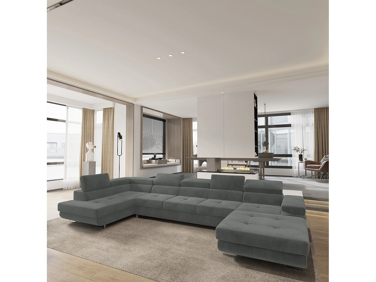 Hoekbank TORIVA van fluweel met slaapfunctie Grau