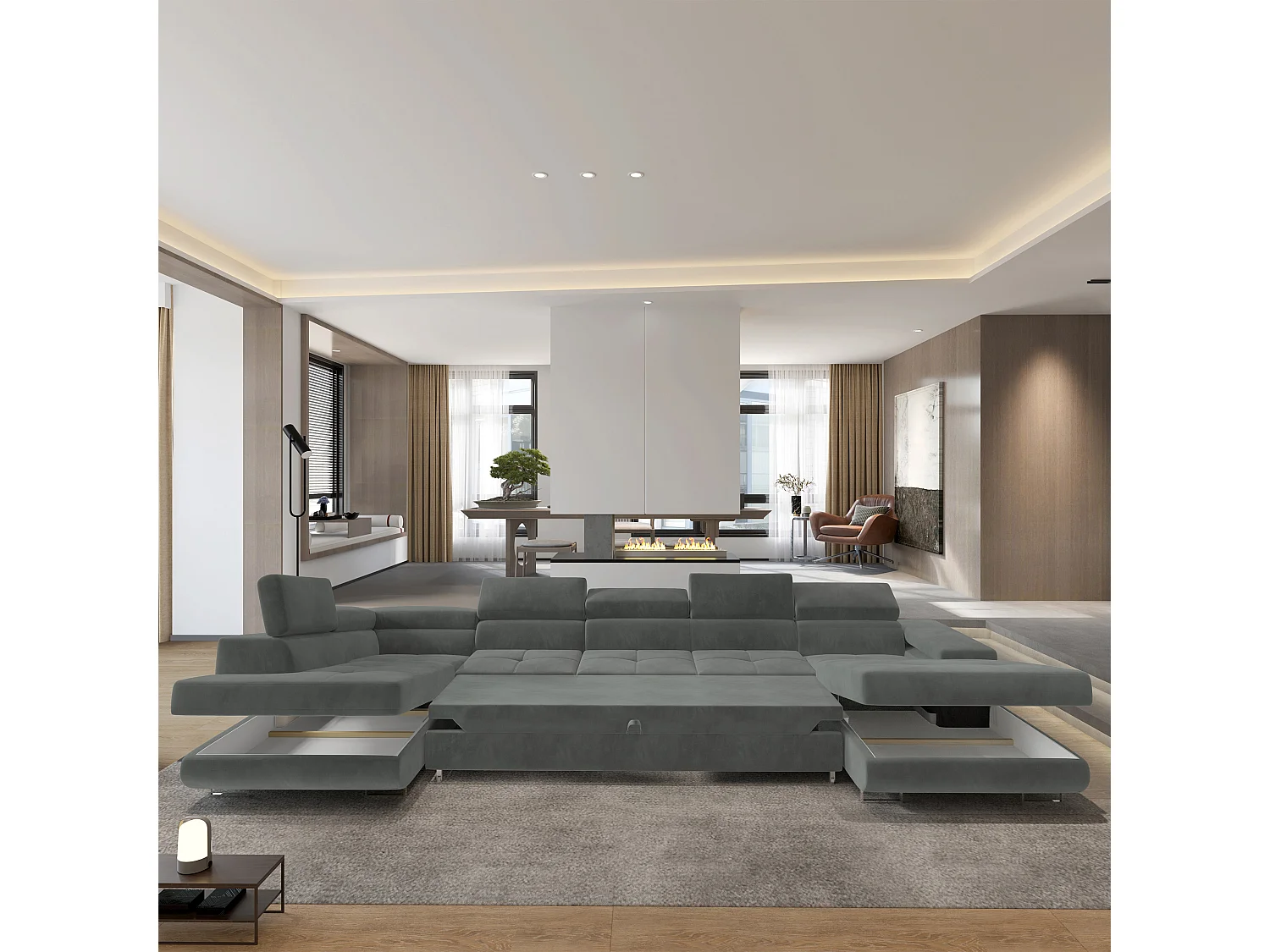 Hoekbank TORIVA van fluweel met slaapfunctie Grau