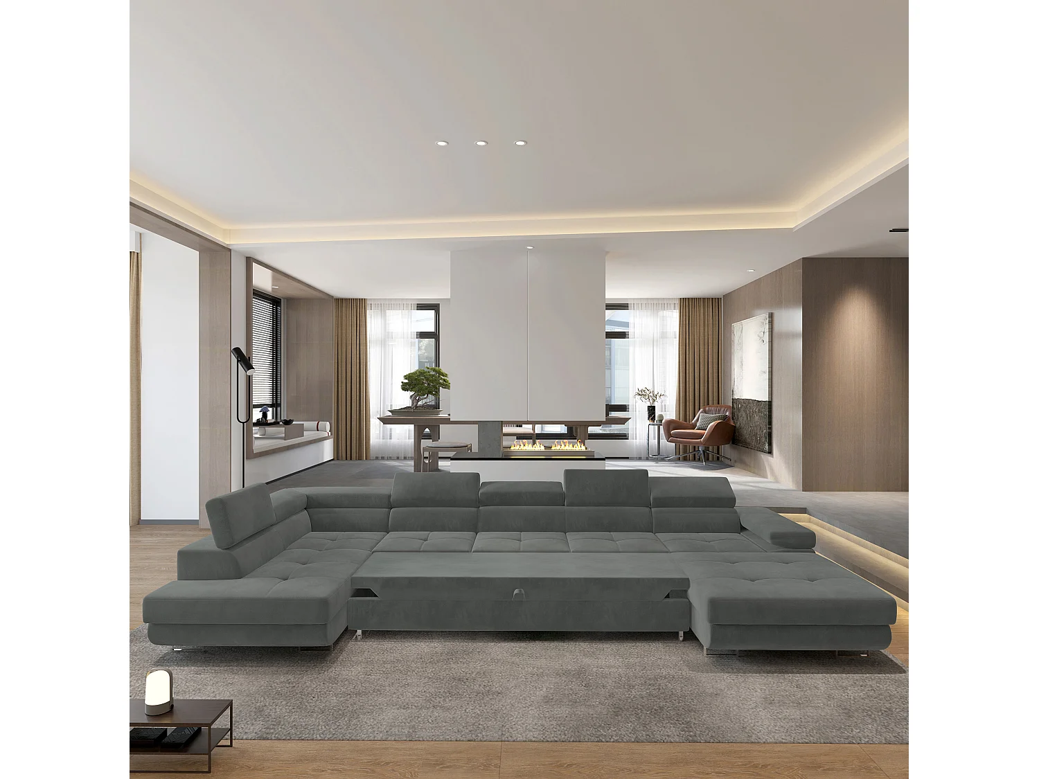 Hoekbank TORIVA van fluweel met slaapfunctie Grau