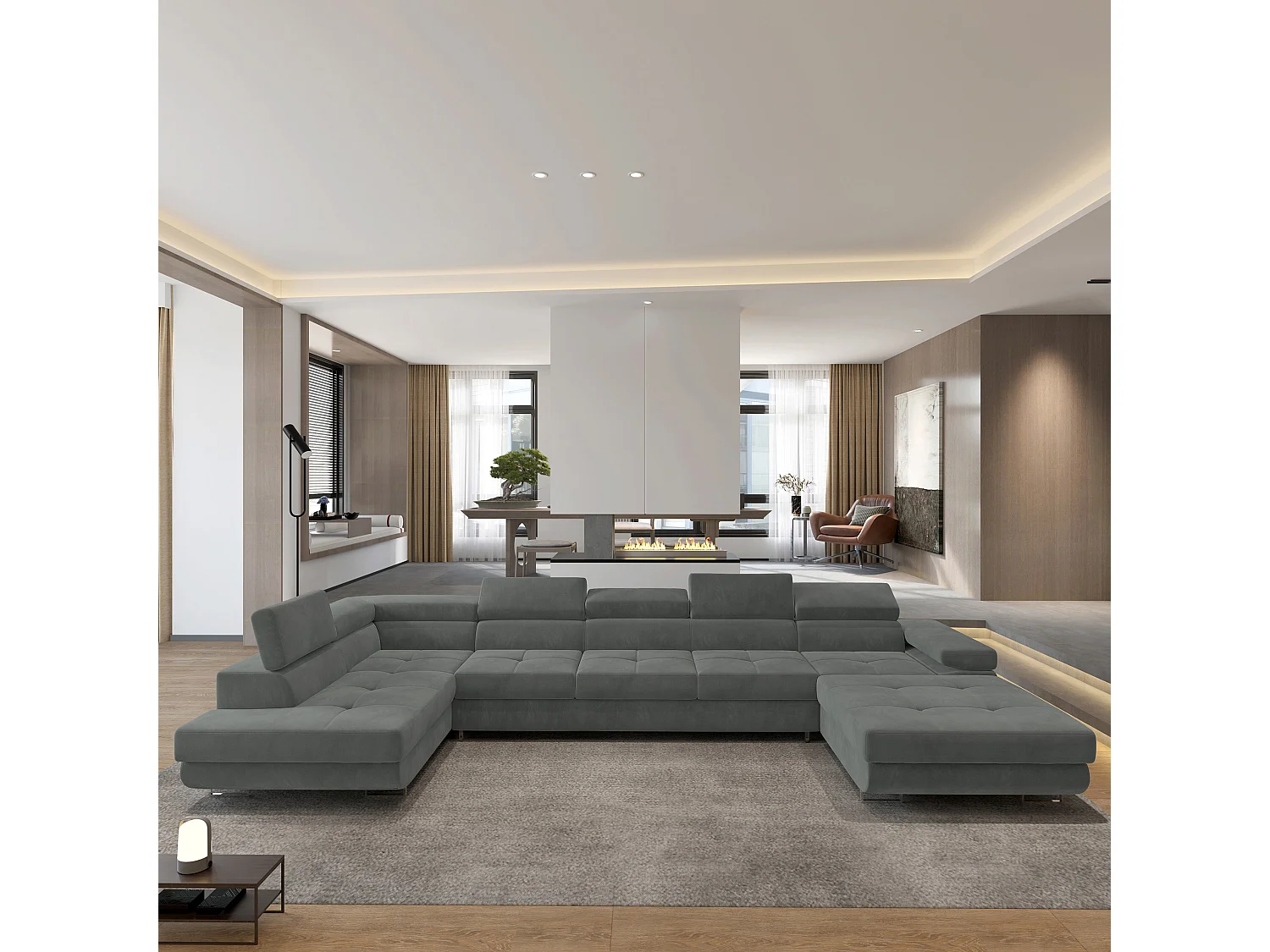 Hoekbank TORIVA van fluweel met slaapfunctie Grau