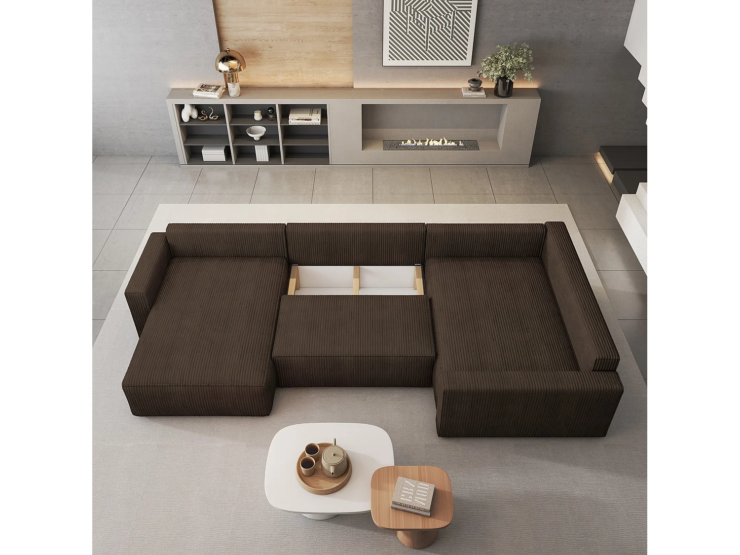 Hoekbank VELAMI van fluweel met slaapfunctie Braun