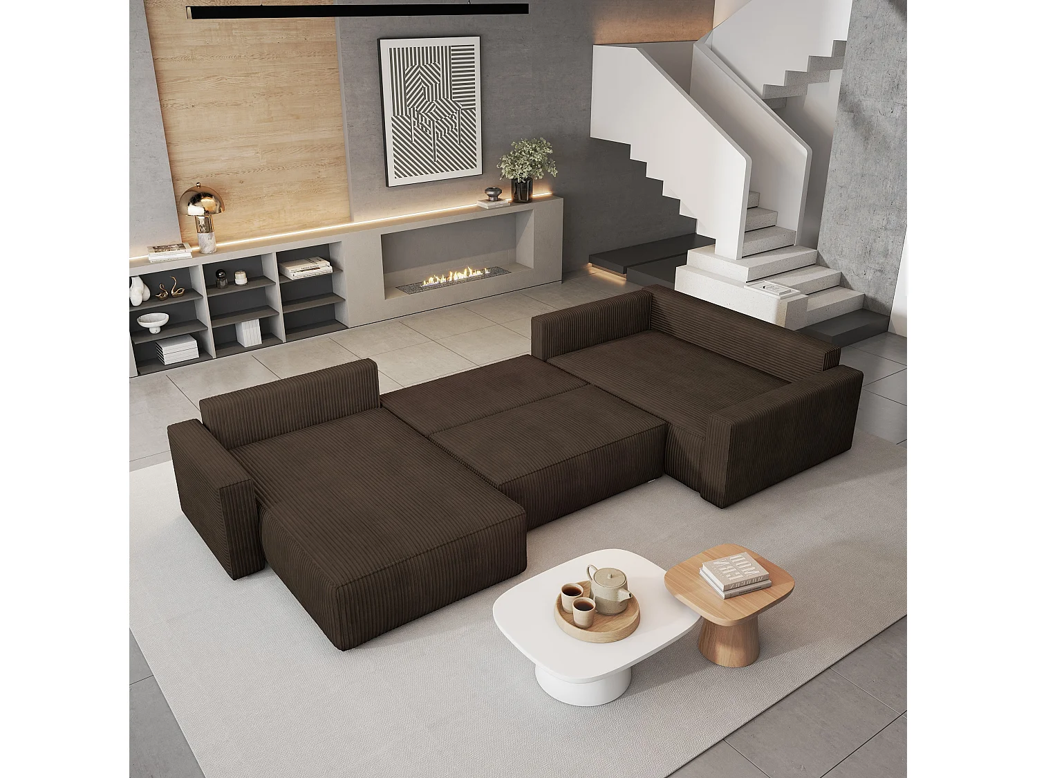 Hoekbank VELAMI van fluweel met slaapfunctie Braun