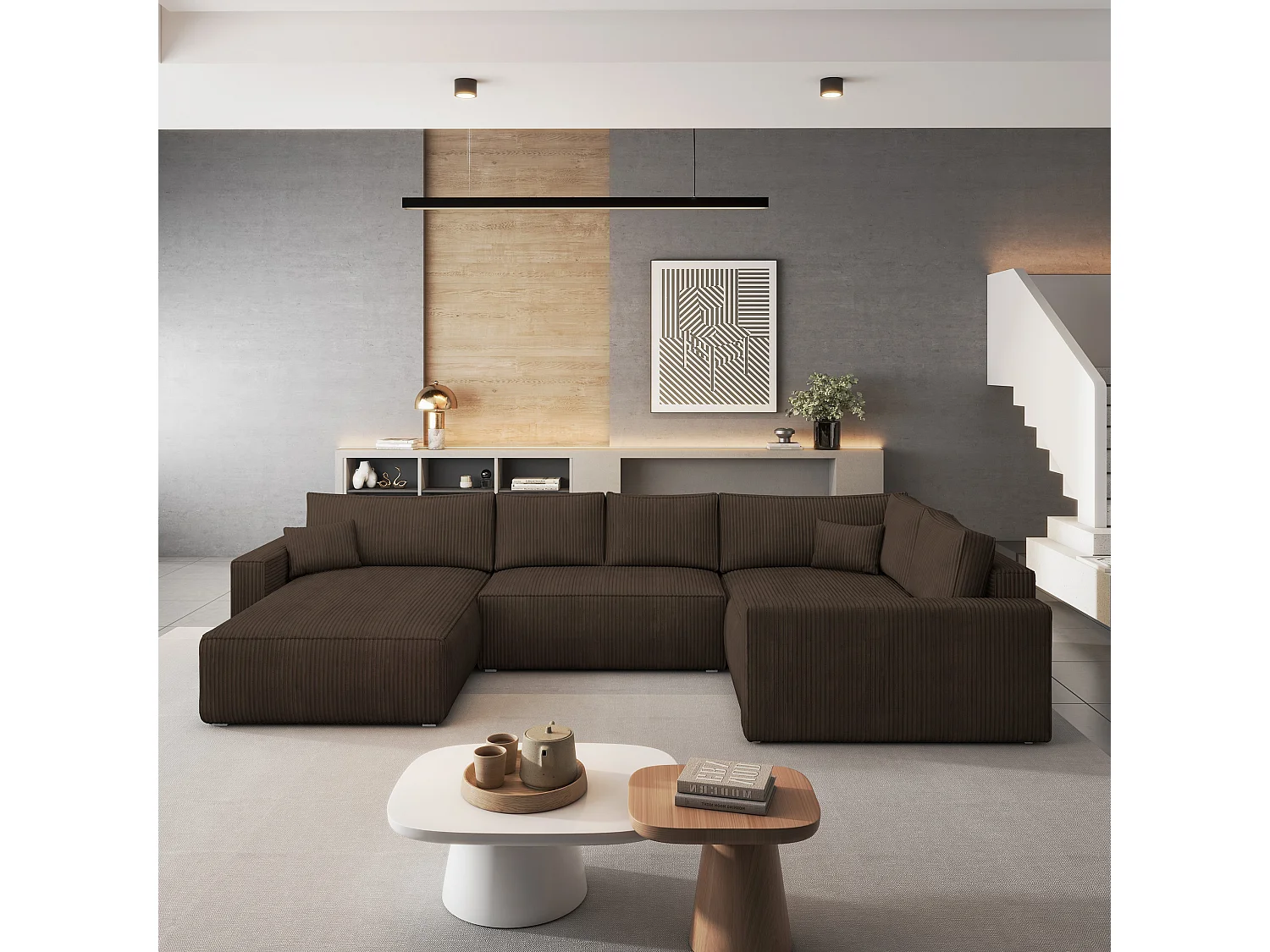 Hoekbank VELAMI van fluweel met slaapfunctie Braun