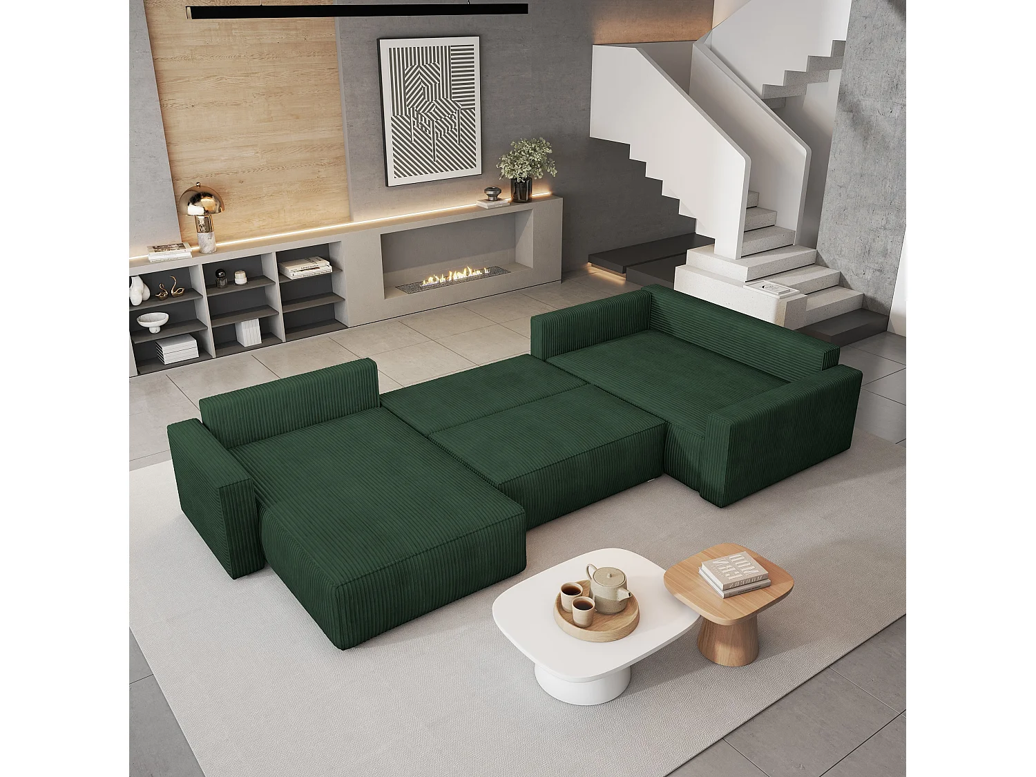 Hoekbank VELAMI van fluweel met slaapfunctie Grün
