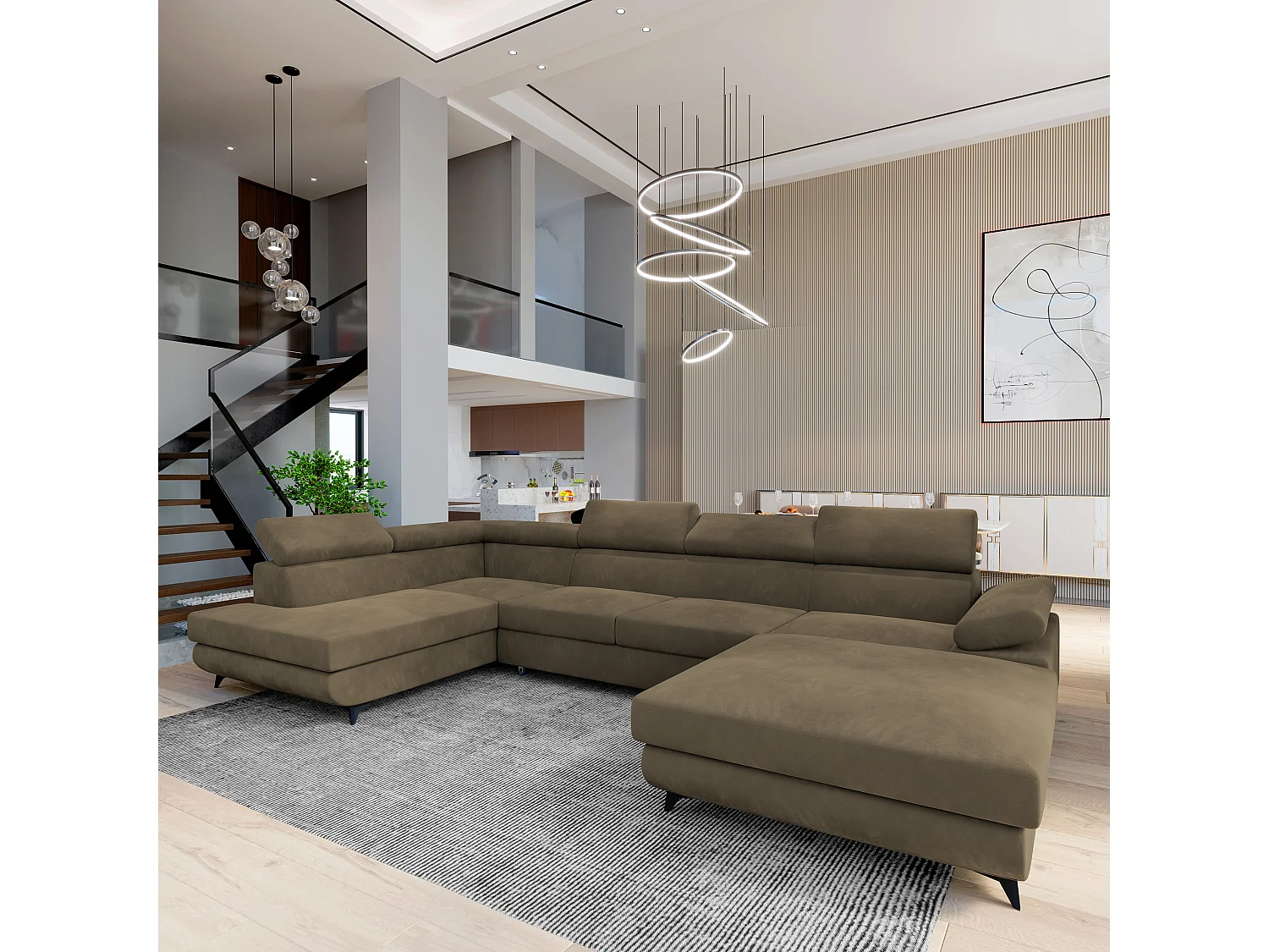 Hoekbank RUBANO van fluweel met slaapfunctie Beige