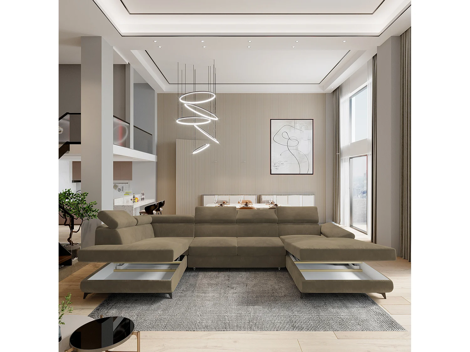 Hoekbank RUBANO van fluweel met slaapfunctie Beige