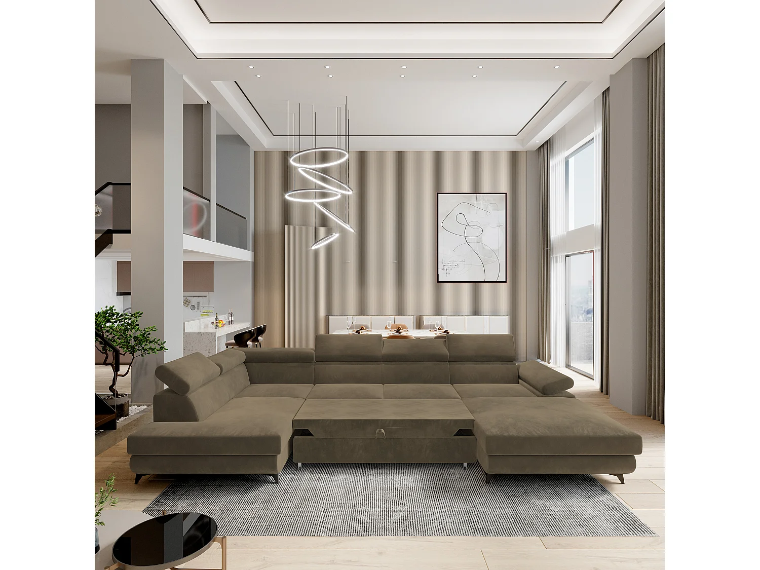 Hoekbank RUBANO van fluweel met slaapfunctie Beige