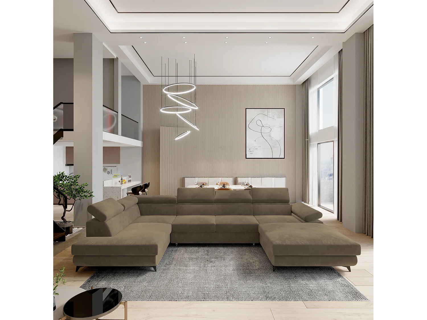 Hoekbank RUBANO van fluweel met slaapfunctie Beige