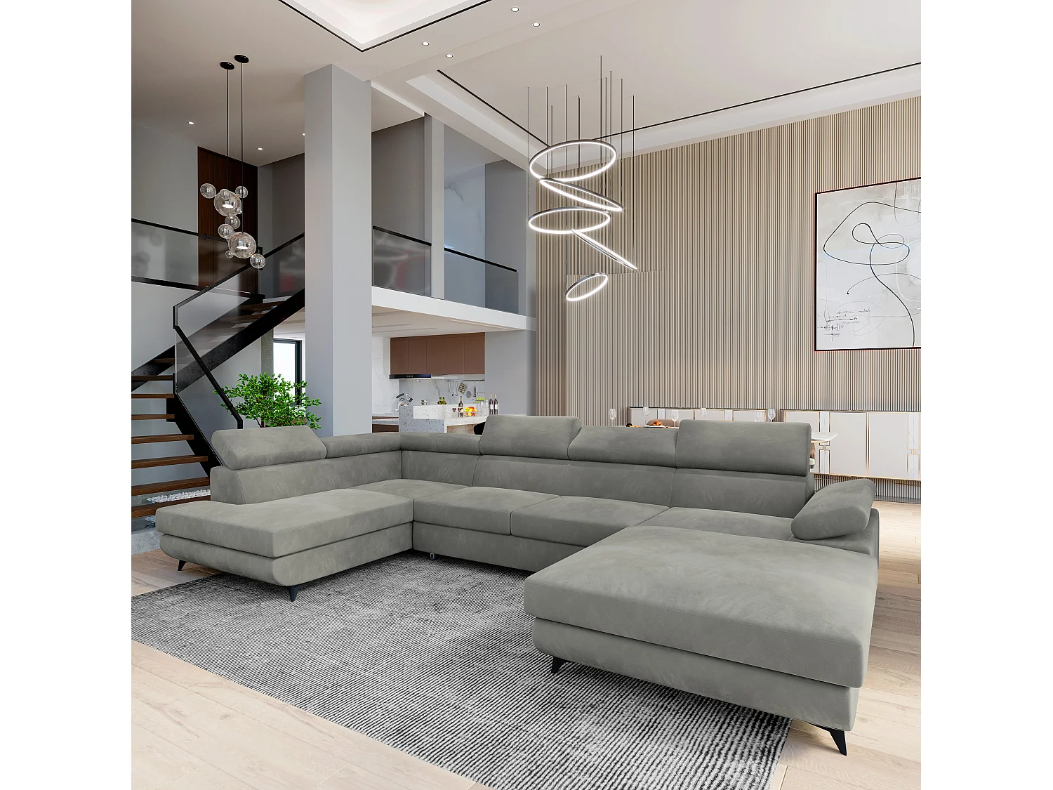 Hoekbank RUBANO van fluweel met slaapfunctie Hellgrau