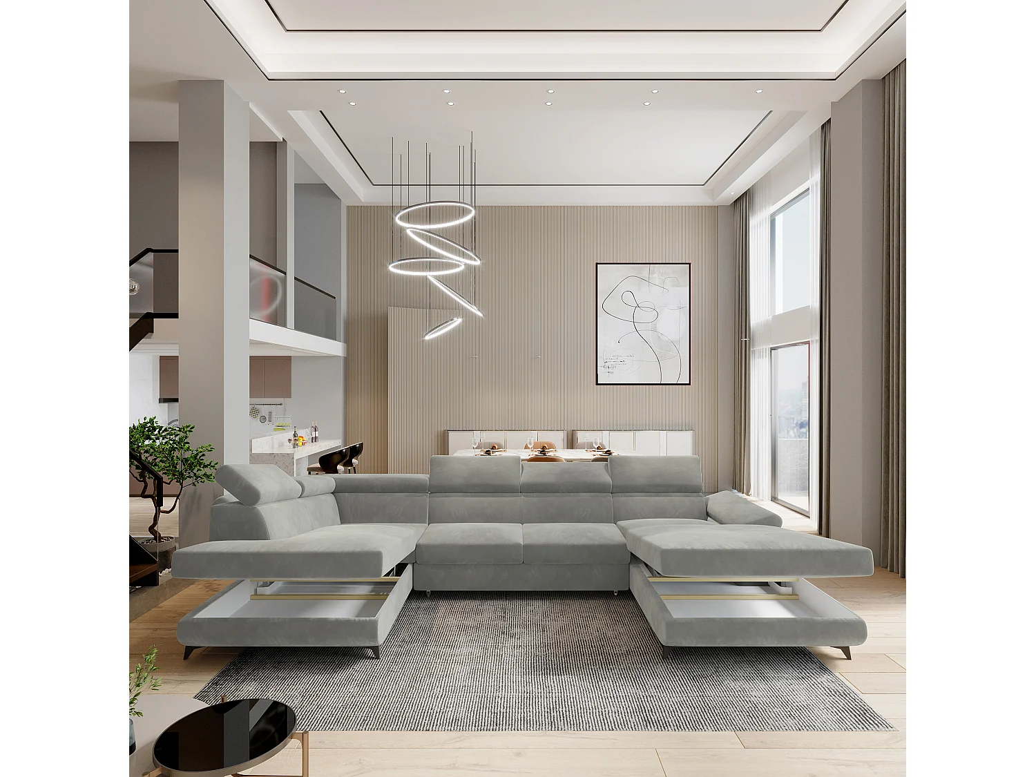 Hoekbank RUBANO van fluweel met slaapfunctie Hellgrau