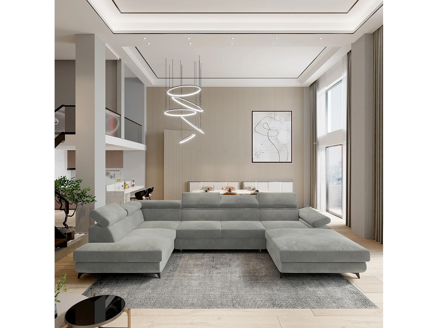 Hoekbank RUBANO van fluweel met slaapfunctie Hellgrau