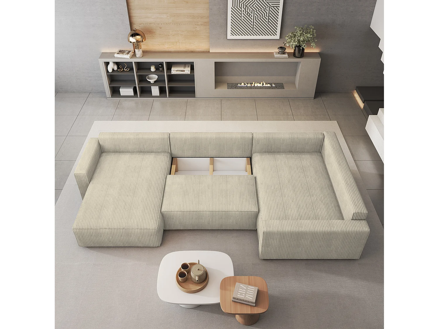 Hoekbank VELAMI van fluweel met slaapfunctie Creme