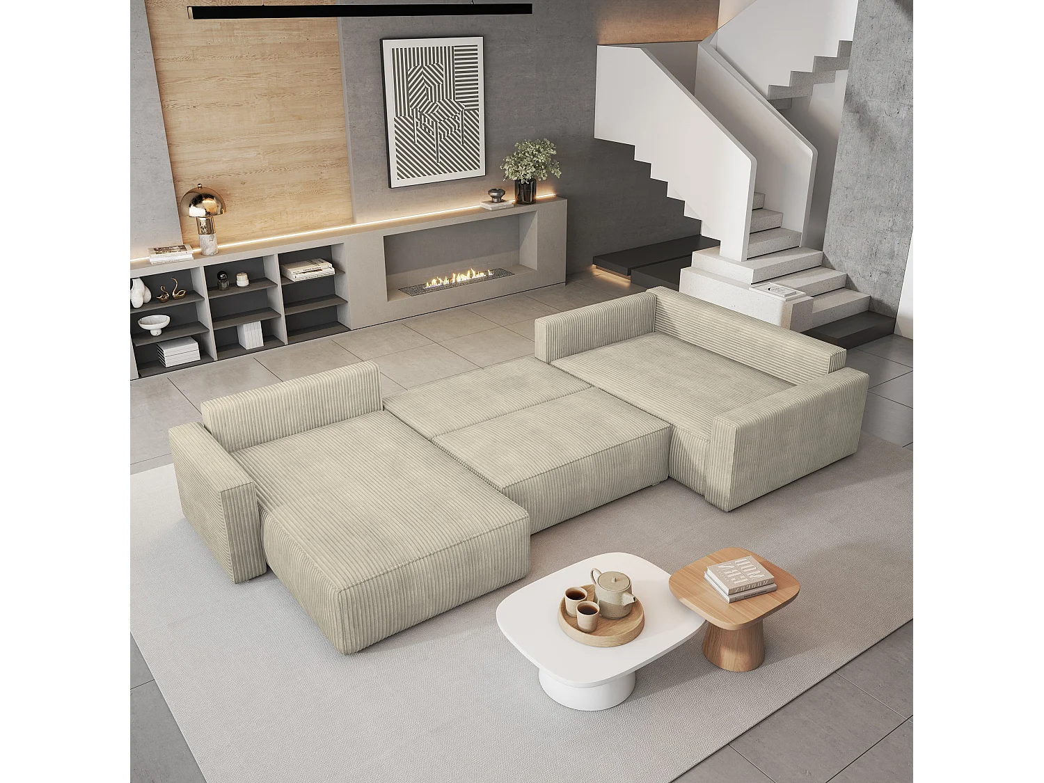 Hoekbank VELAMI van fluweel met slaapfunctie Creme