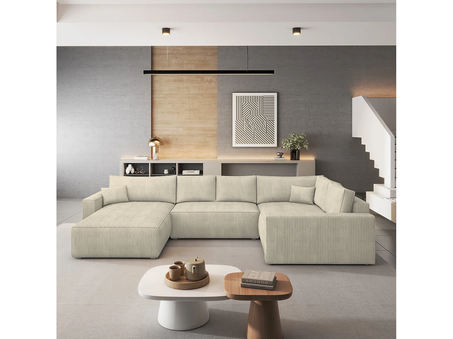 Hoekbank VELAMI van fluweel met slaapfunctie Creme