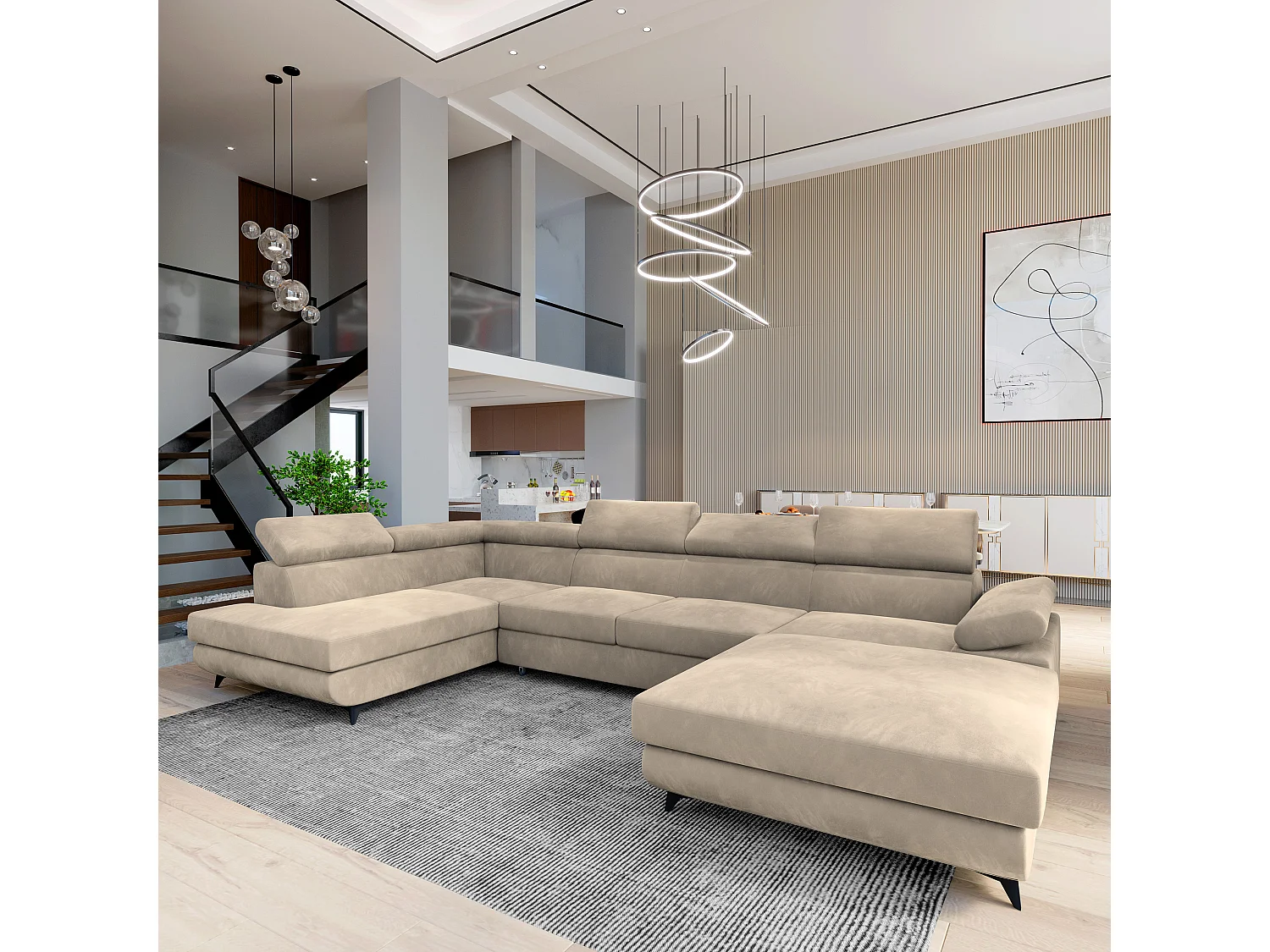 Hoekbank RUBANO van fluweel met slaapfunctie Creme