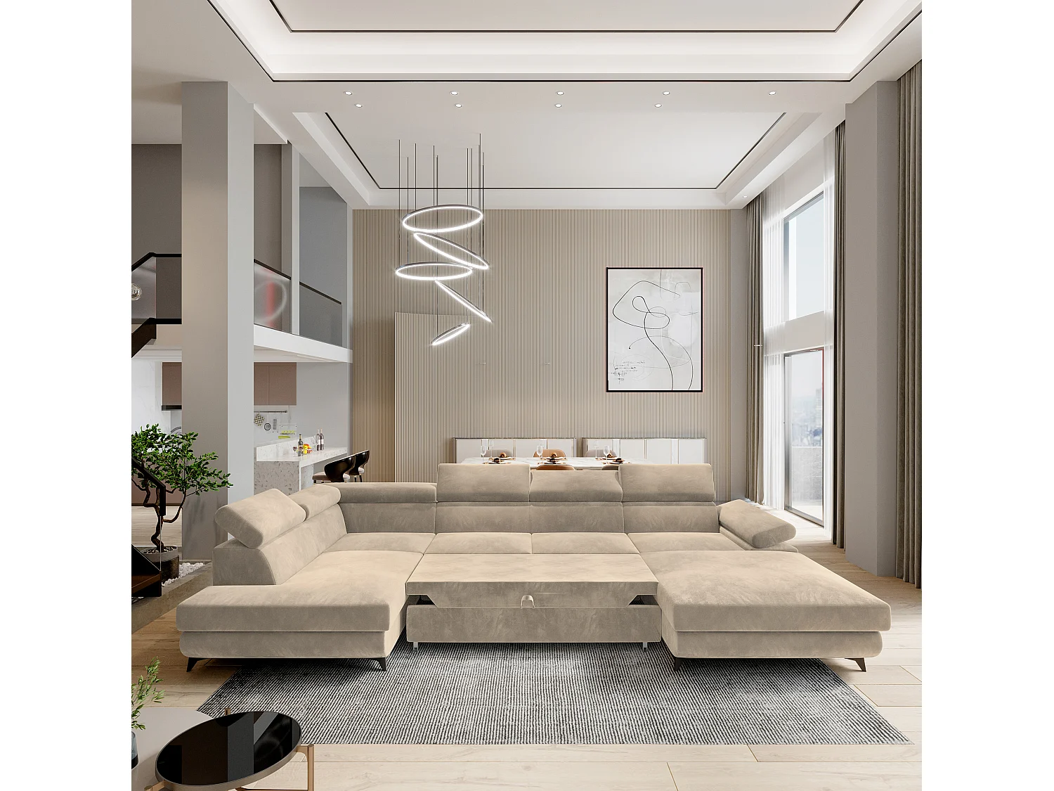 Hoekbank RUBANO van fluweel met slaapfunctie Creme