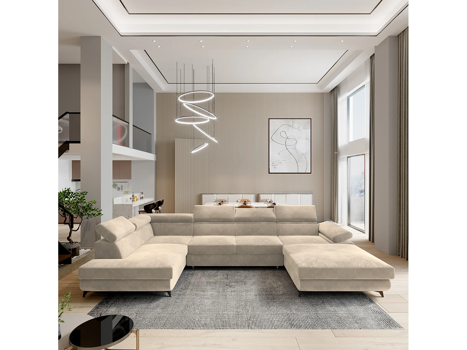 Hoekbank RUBANO van fluweel met slaapfunctie Creme