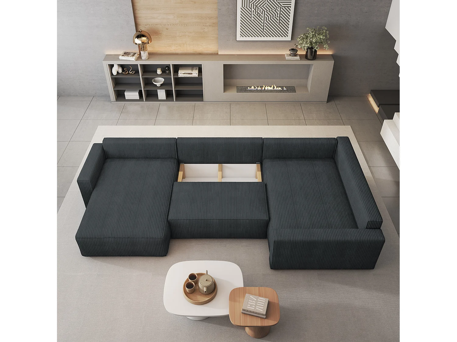 Hoekbank VELAMI van fluweel met slaapfunctie Grau