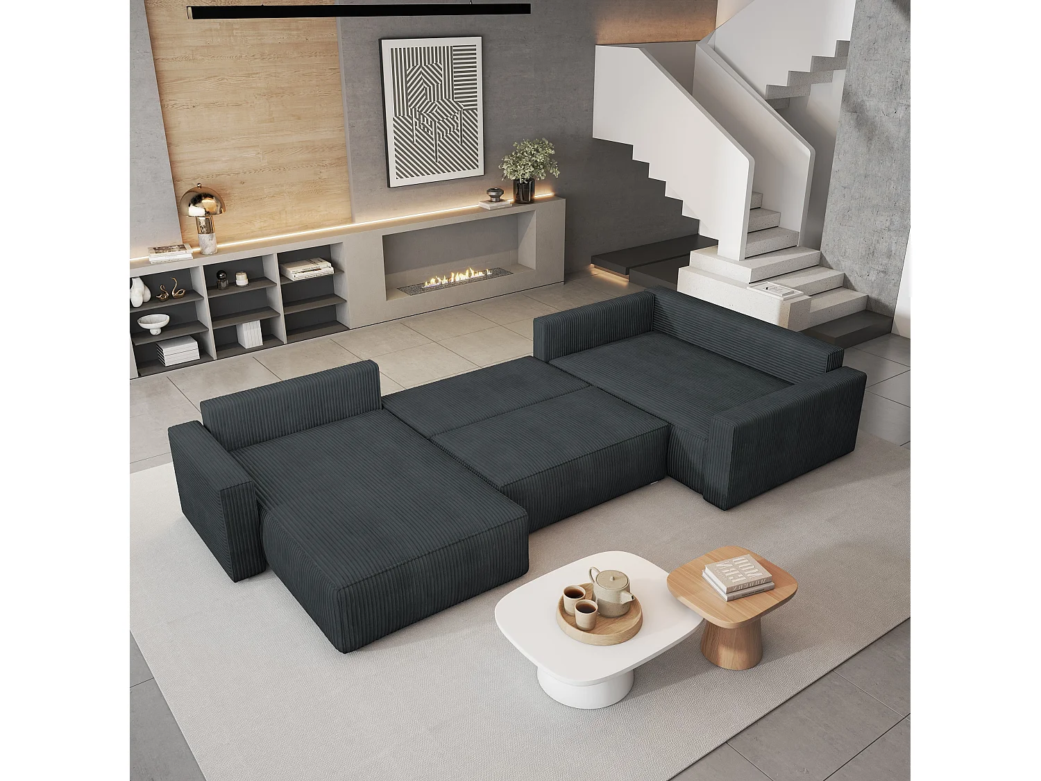 Hoekbank VELAMI van fluweel met slaapfunctie Grau