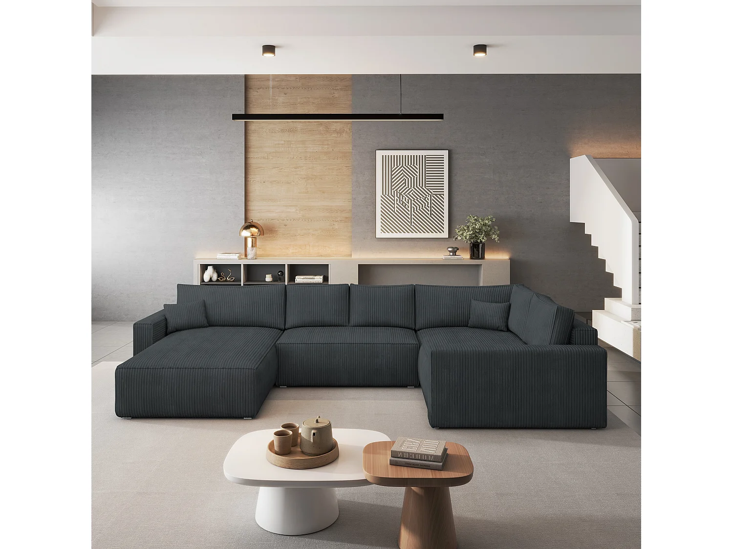 Hoekbank VELAMI van fluweel met slaapfunctie Grau